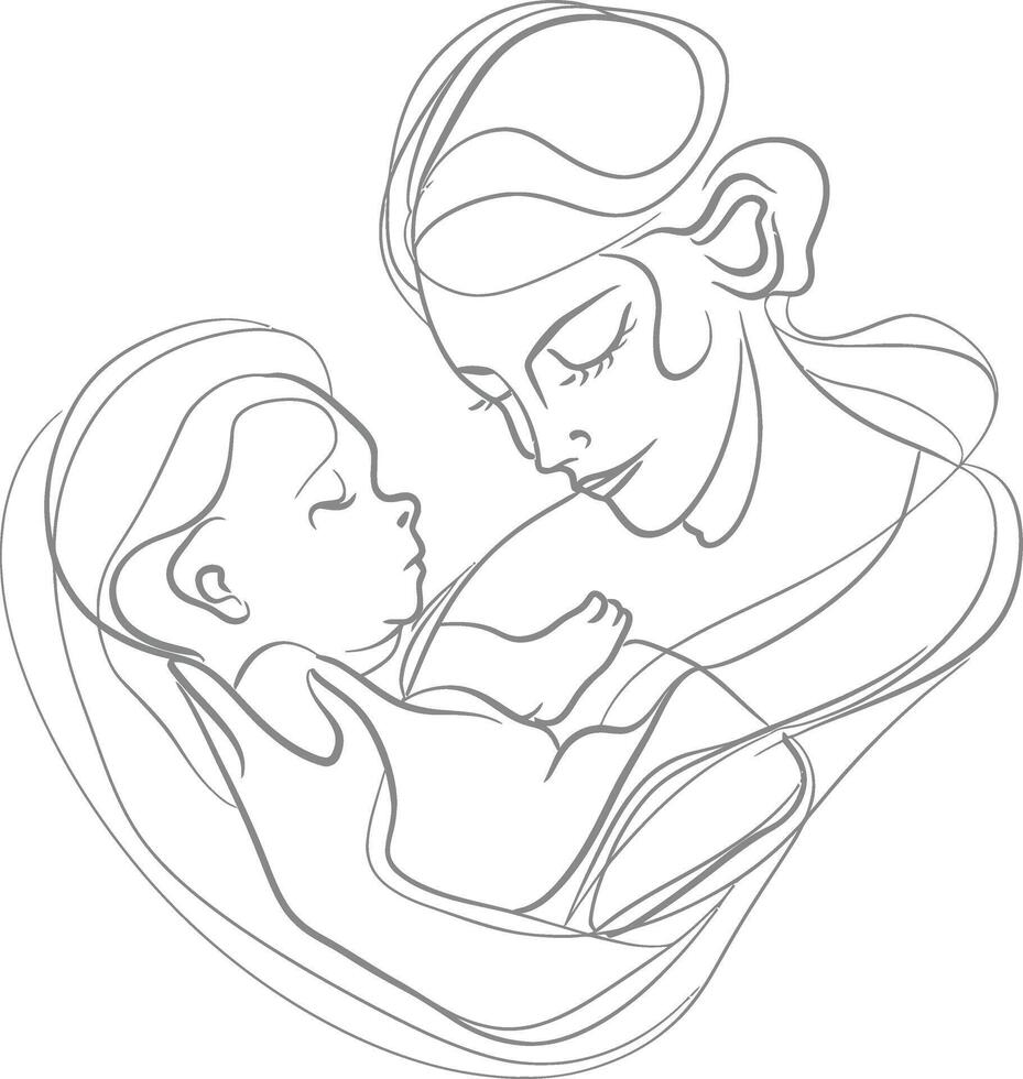 un continu ligne dessin de mère en portant bébé noir Couleur seulement vecteur