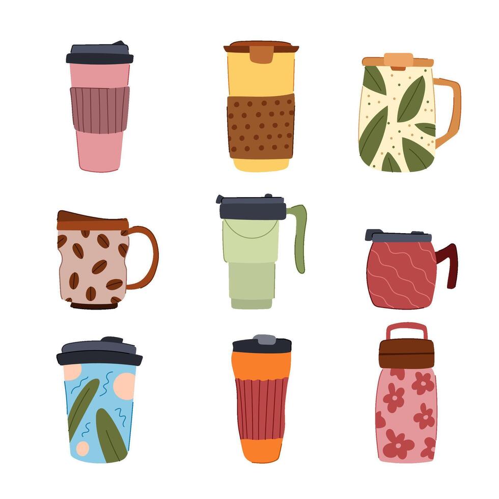 réutilisable café tasse ensemble dessin animé illustration vecteur