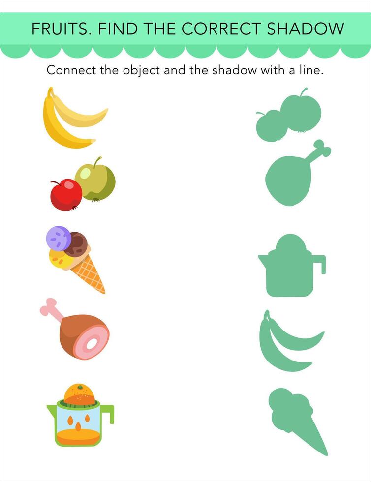 trouver le droite ombre. puzzle Jeu pour les enfants. mignonne dessin animé style aliments. objets sur blanc Contexte. préscolaire activité. illustrations. vecteur