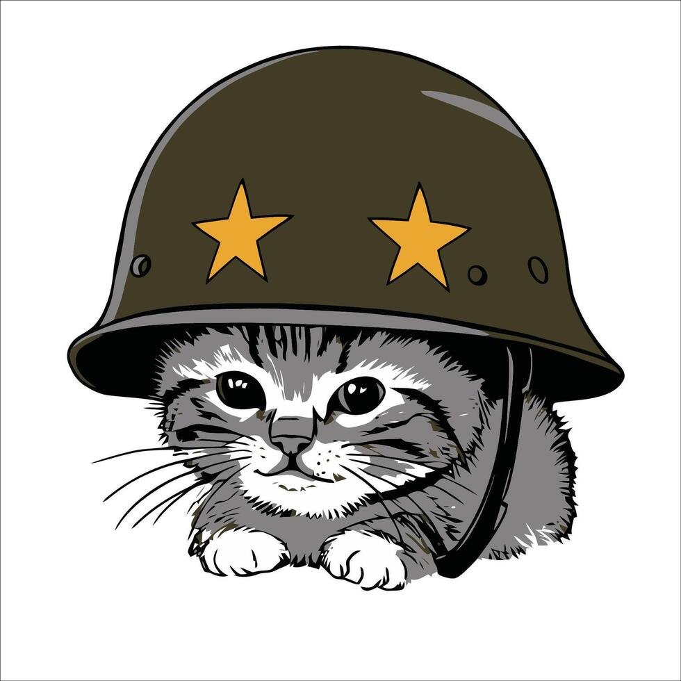 main tiré illustration de une chaton portant une armée casque vecteur