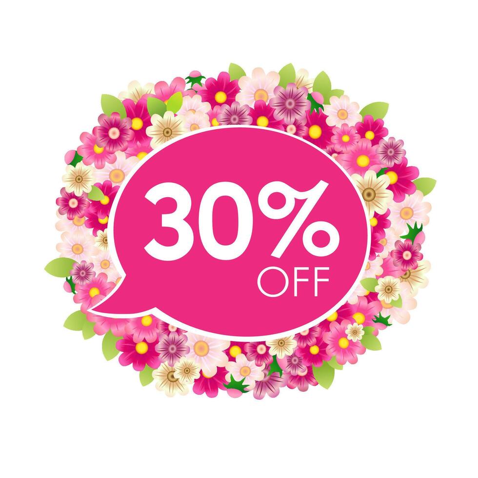 isolé étiquette avec parlant nuage et remise symbole 30 pour cent désactivé. floral Cadre. mignonne Contexte avec fleurs et feuilles. achats coupon conception. cadeau carte idée. vente prospectus. rond icône avec fleurs vecteur