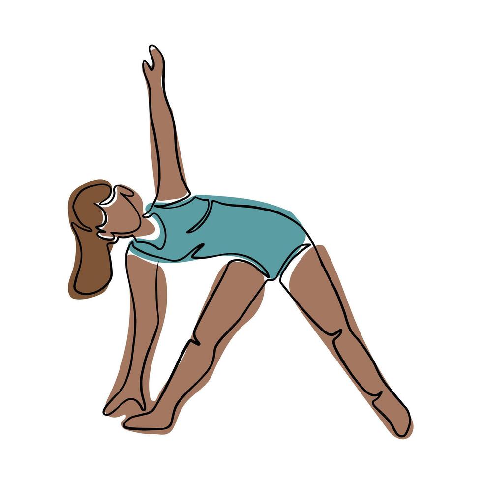Jeune noir femme dans yoga pose. boho style. contour composition isolé sur blanc Contexte. main tiré Célibataire ligne icône de femelle corps Faire yoga des exercices vecteur