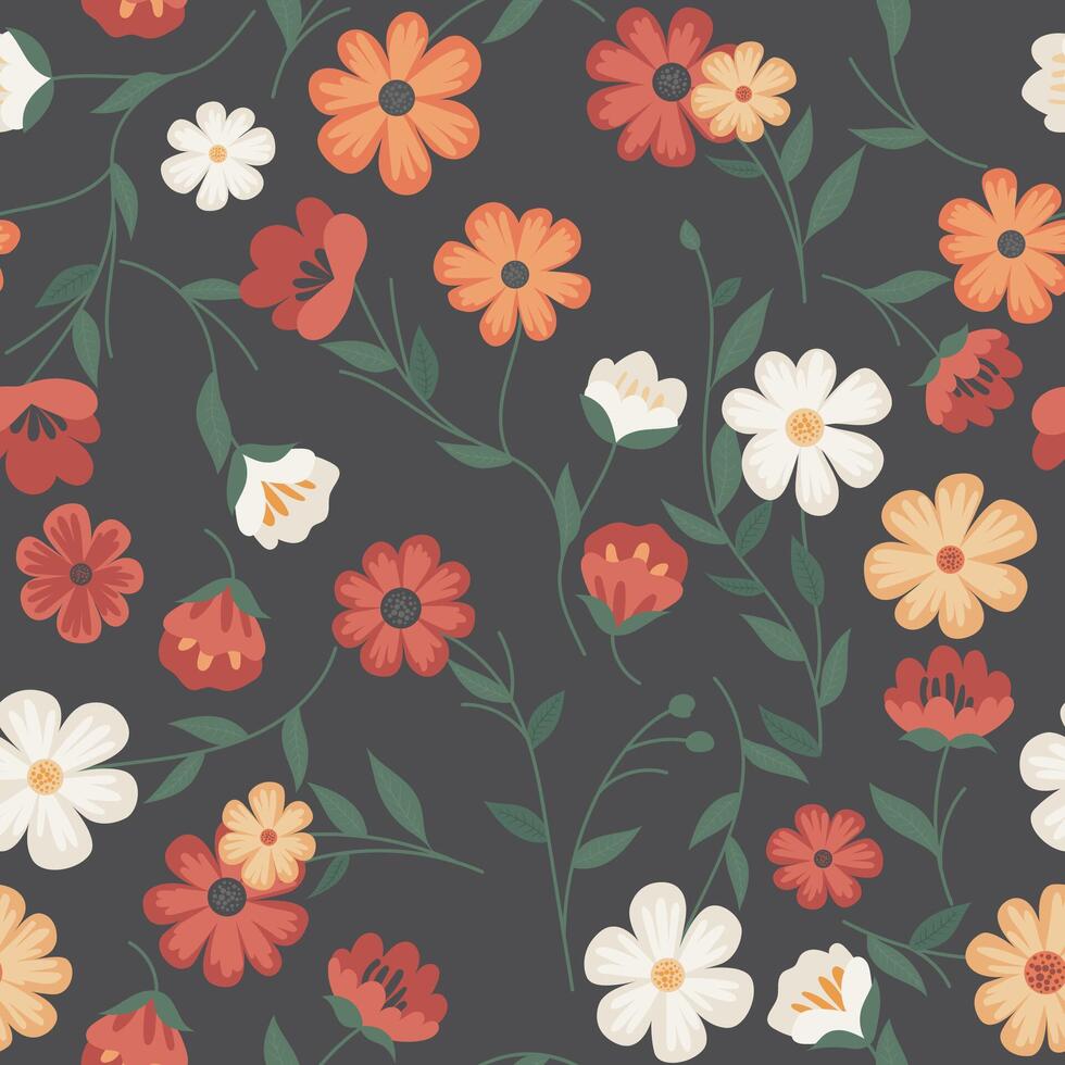 une ancien sans couture modèle avec simple, plat fleurs dans rouge, blanc et Jaune couleurs. fleur les plantes idéal pour textile, fond d'écran, ou tissu. vecteur