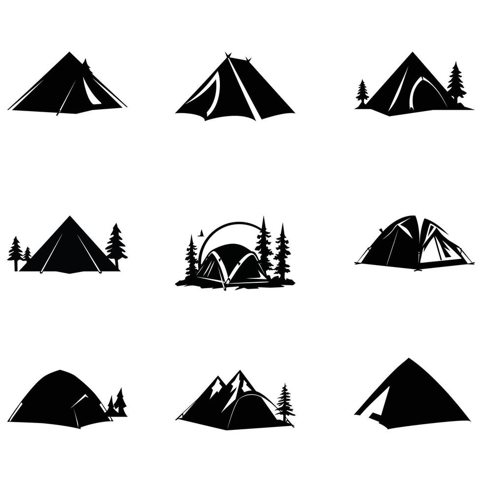 camping essentiel polyvalent tente silhouettes pour graphique designers vecteur