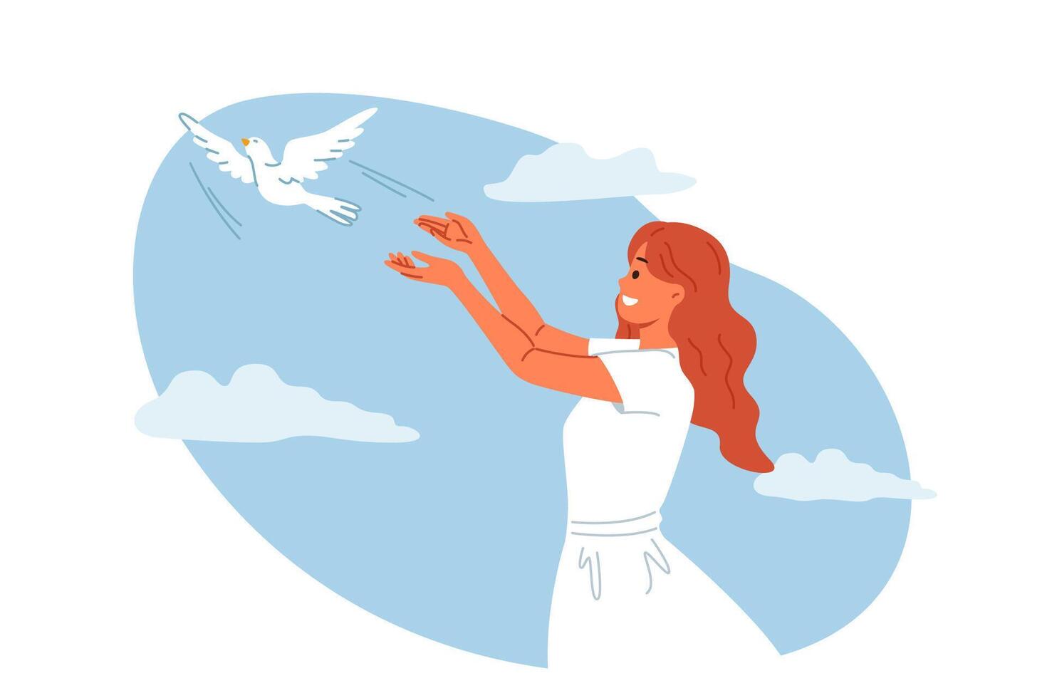 femme lance Colombe dans ciel, symbolisant paix et harmonie ou espérer pour mieux futur pour gens vecteur