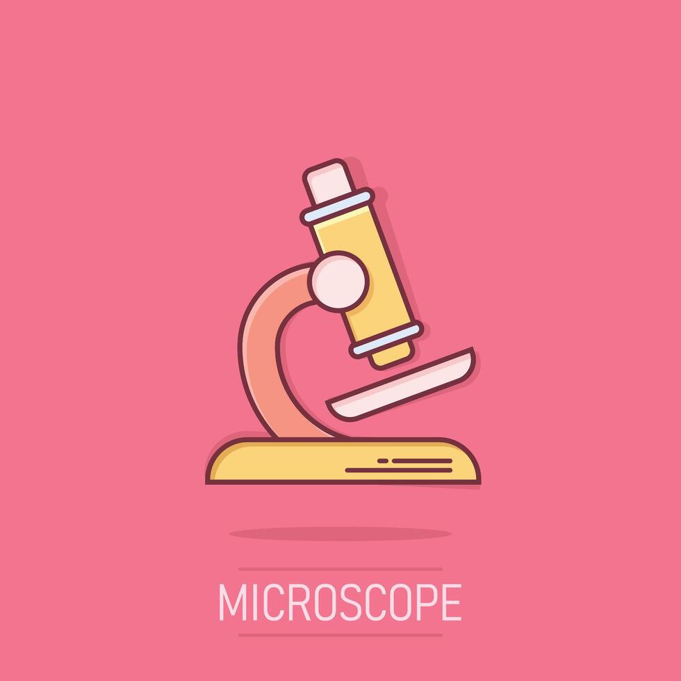 microscope icône dans bande dessinée style. laboratoire loupe dessin animé illustration sur isolé Contexte. la biologie instrument éclaboussure effet signe affaires concept. vecteur