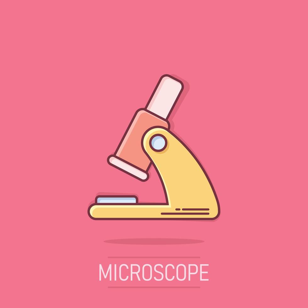 microscope icône dans bande dessinée style. laboratoire loupe dessin animé illustration sur isolé Contexte. la biologie instrument éclaboussure effet signe affaires concept. vecteur