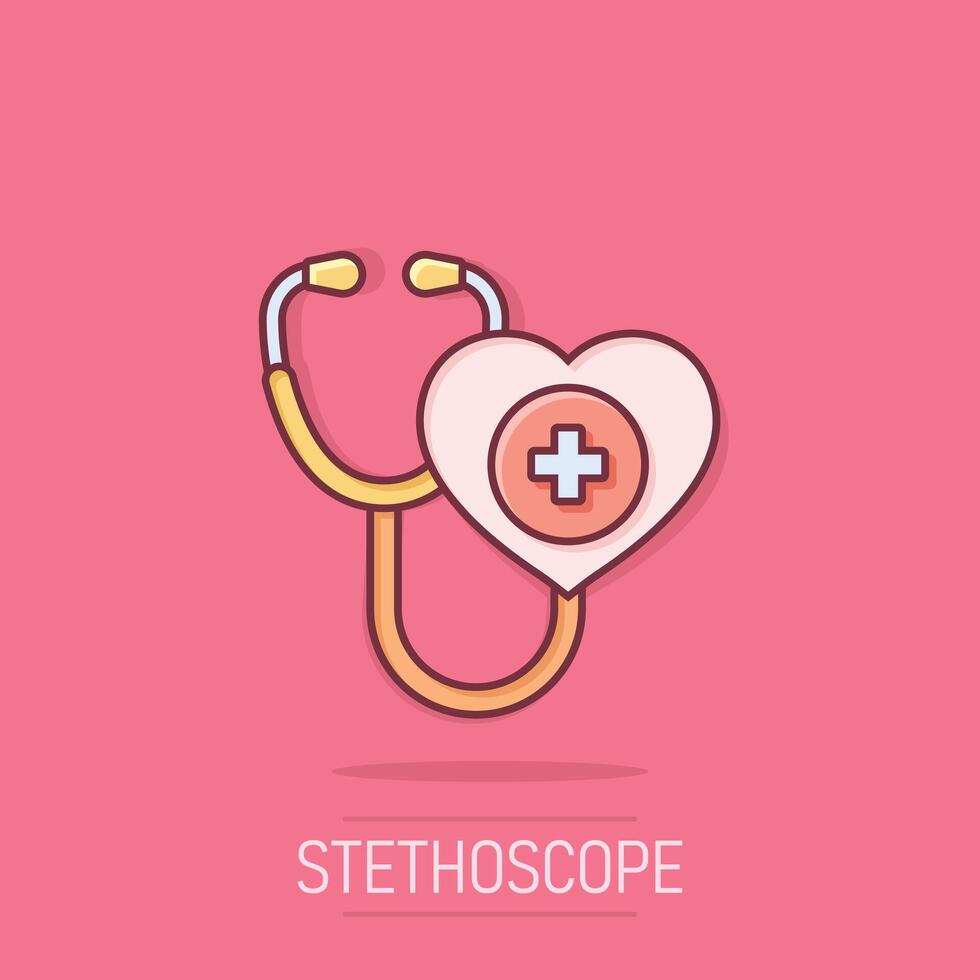 stéthoscope icône dans bande dessinée style. cœur diagnostique dessin animé illustration sur isolé Contexte. médicament éclaboussure effet signe affaires concept. vecteur