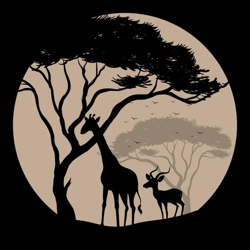 Scène de silhouette avec girafe et gazelle vecteur