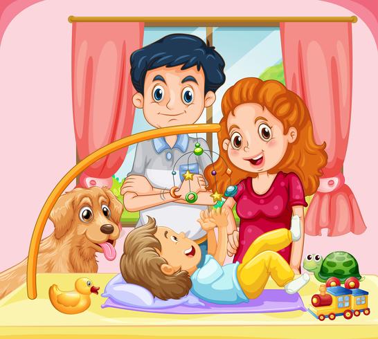 Famille avec petit bébé jouant à un jouet mobile vecteur