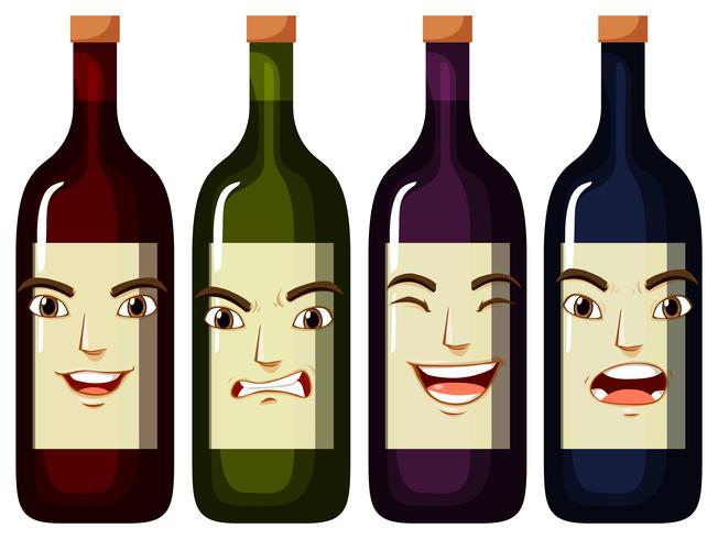 Expressions faciales sur les bouteilles de vin vecteur