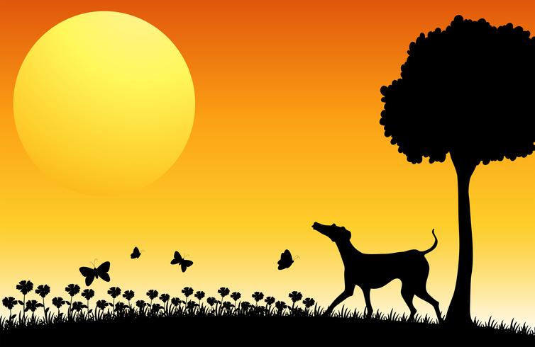 Scène de silhouette avec chien et papillons vecteur