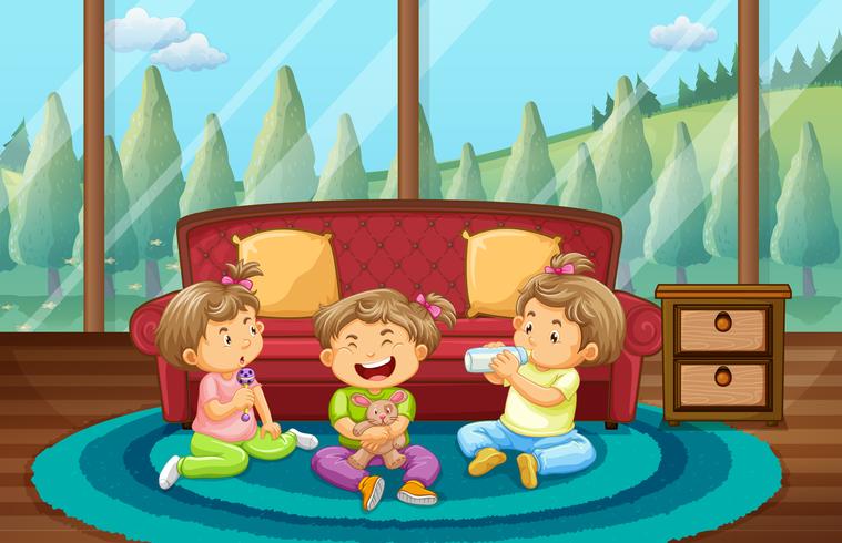 Trois enfants jouant dans le salon vecteur