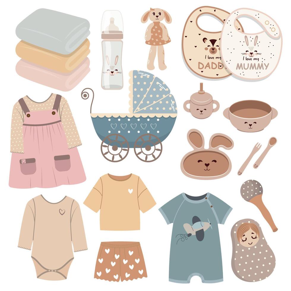 mignonne collection de bébé conception éléments alimentation bouteille bavoir landau landau vaisselle les serviettes robe bébé poupée vecteur