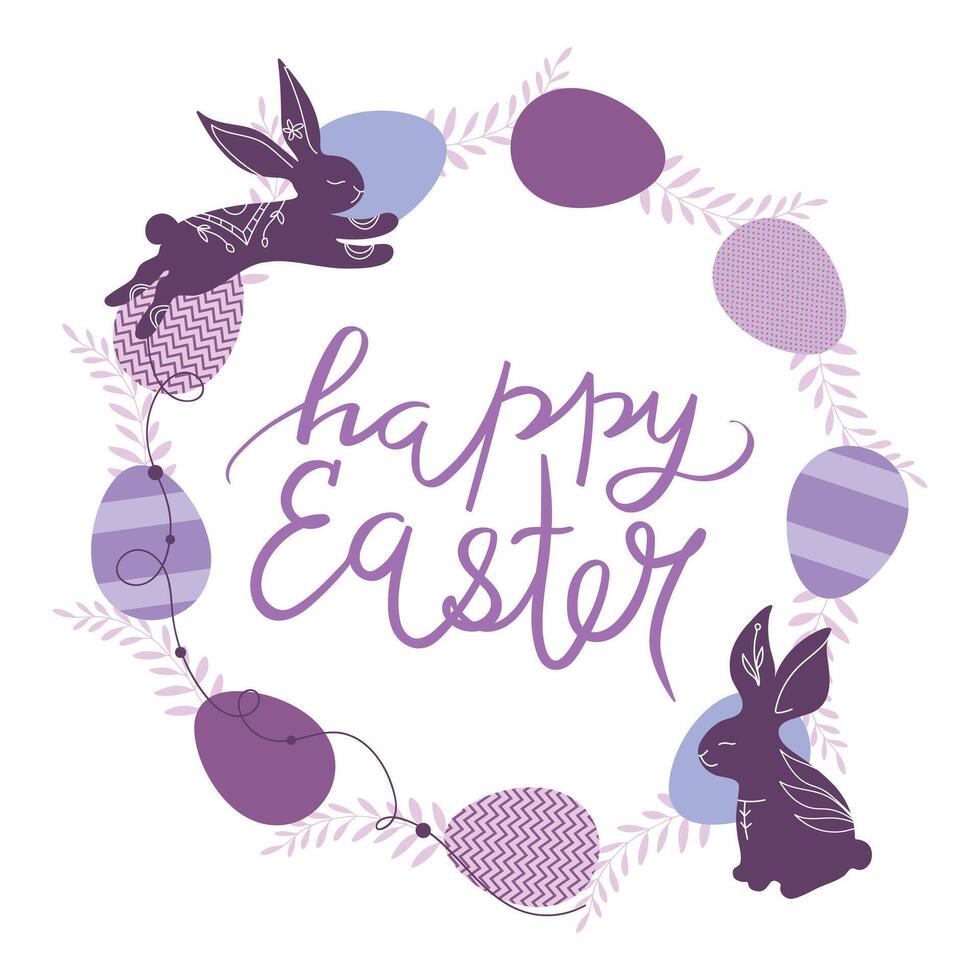Pâques de fête couronne de divers des œufs et violet branches. décoré avec main tiré lapins. calligraphie écriture. illustration vecteur