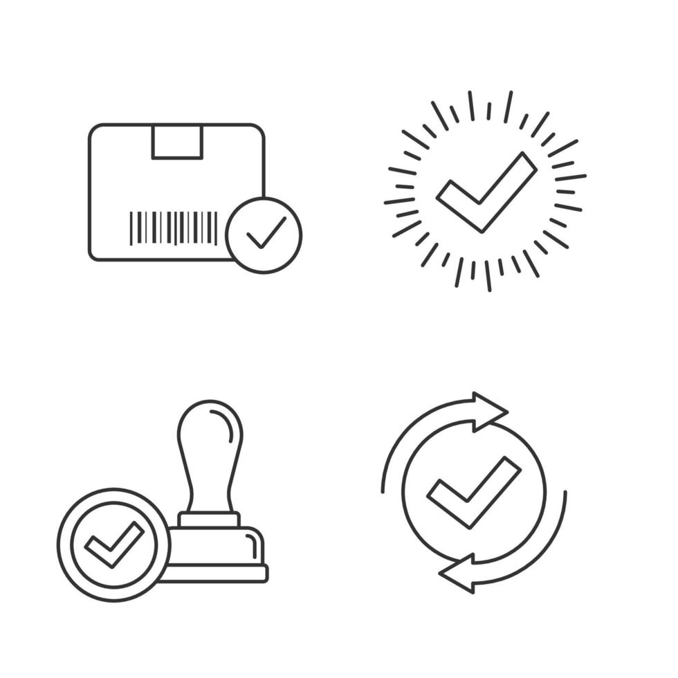 approuver le jeu d'icônes linéaires. verification ET VALIDATION. livraison approuvée, coche, cachet d'approbation, processus de vérification. symboles de contour de ligne mince. illustrations vectorielles isolées. trait modifiable vecteur