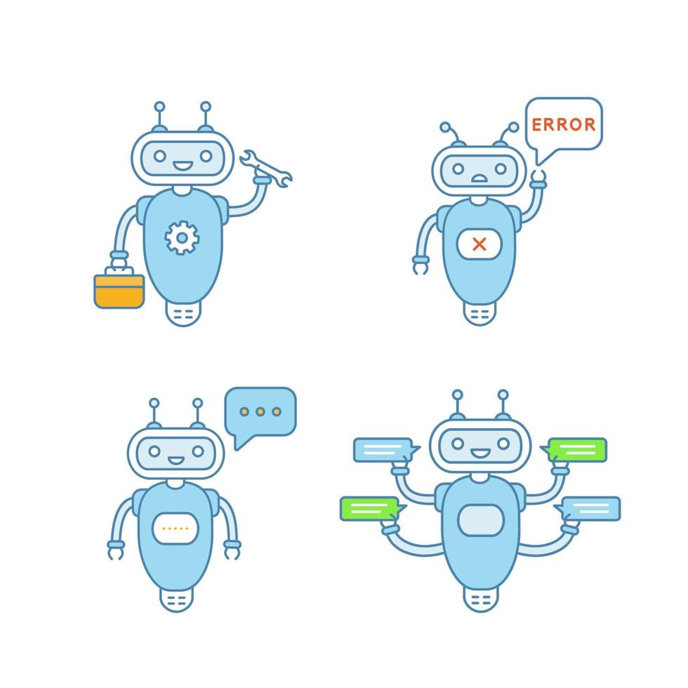 Jeu d'icônes de couleur chatbots. talkbots. assistants virtuels. service d'assistance, dactylographie, erreur, réparation des robots de discussion. robots modernes. illustrations vectorielles isolées vecteur