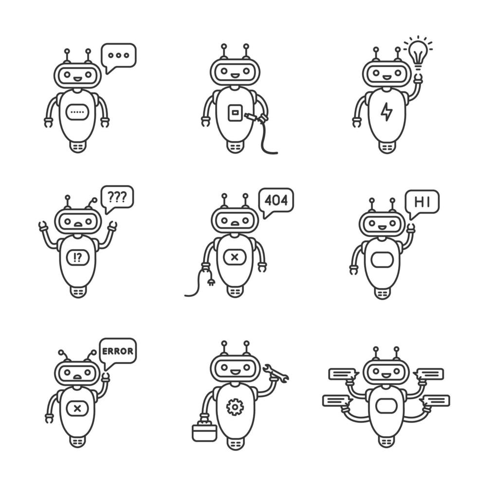 Ensemble d'icônes linéaires de chatbots. talkbots. saisie, usb, idée, question, introuvable, erreur, réparation, bots de discussion. robots modernes. symboles de contour de ligne mince. illustrations de contour de vecteur isolé. trait modifiable