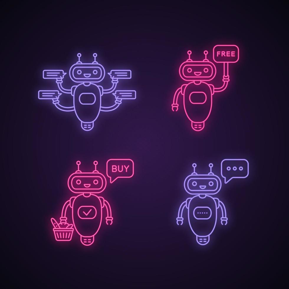 jeu d'icônes de néon chatbots. talkbots. assistants virtuels. service d'assistance, gratuit, acheter, taper des robots de discussion. robots modernes. signes lumineux. illustrations vectorielles isolées vecteur