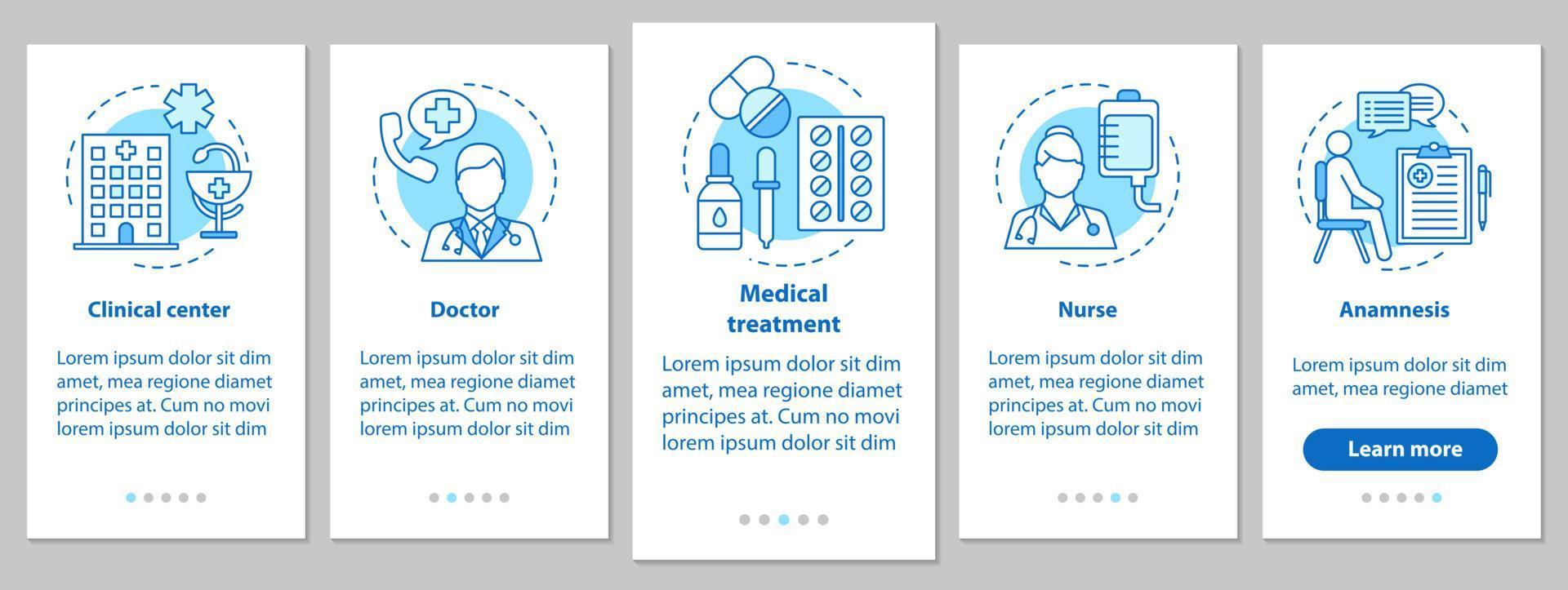 Écran de page d'application mobile d'intégration de la médecine et des soins de santé avec des concepts linéaires. médecin, infirmière, clinique, traitement, anamnèse. instructions graphiques des étapes du service médical. ux, ui, illustration vectorielle gui vecteur