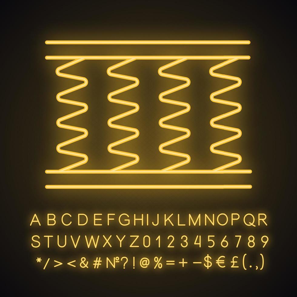 icône de néon de matelas de lit de ressort. matelas orthopédique à ressorts de couchage découpé. literie. signe lumineux avec alphabet, chiffres et symboles. illustration vectorielle isolée vecteur