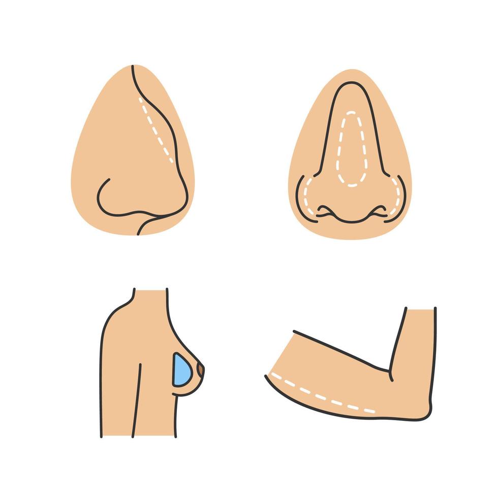 Ensemble d'icônes de couleur de chirurgie plastique. rhinoplastie, ablation de la bosse, implant mammaire en silicone, chirurgie de lifting des bras. illustrations vectorielles isolées vecteur