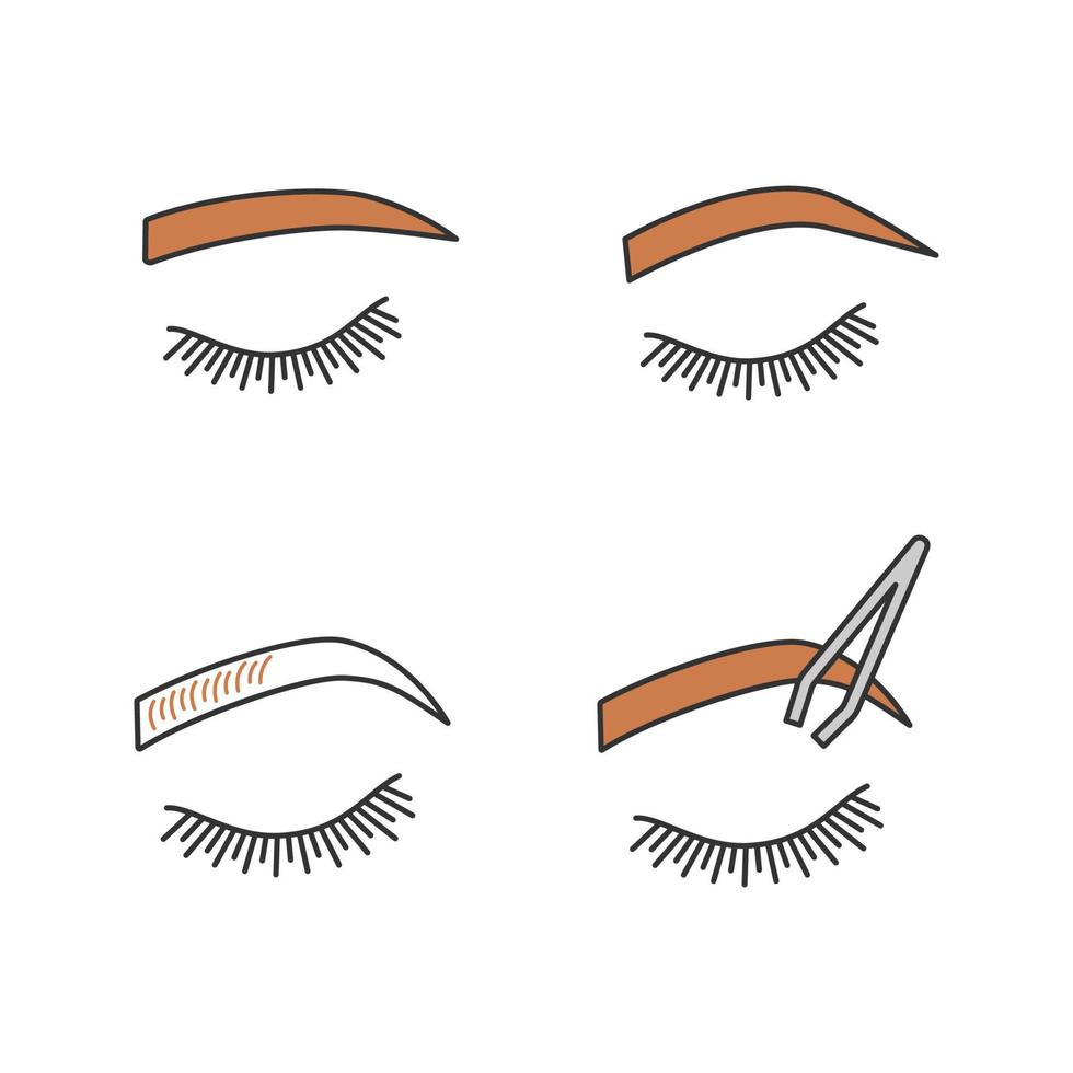 les sourcils façonnent le jeu d'icônes de couleur. forme de sourcils arqués droits et doux, microblading des sourcils, épilation. illustrations vectorielles isolées vecteur