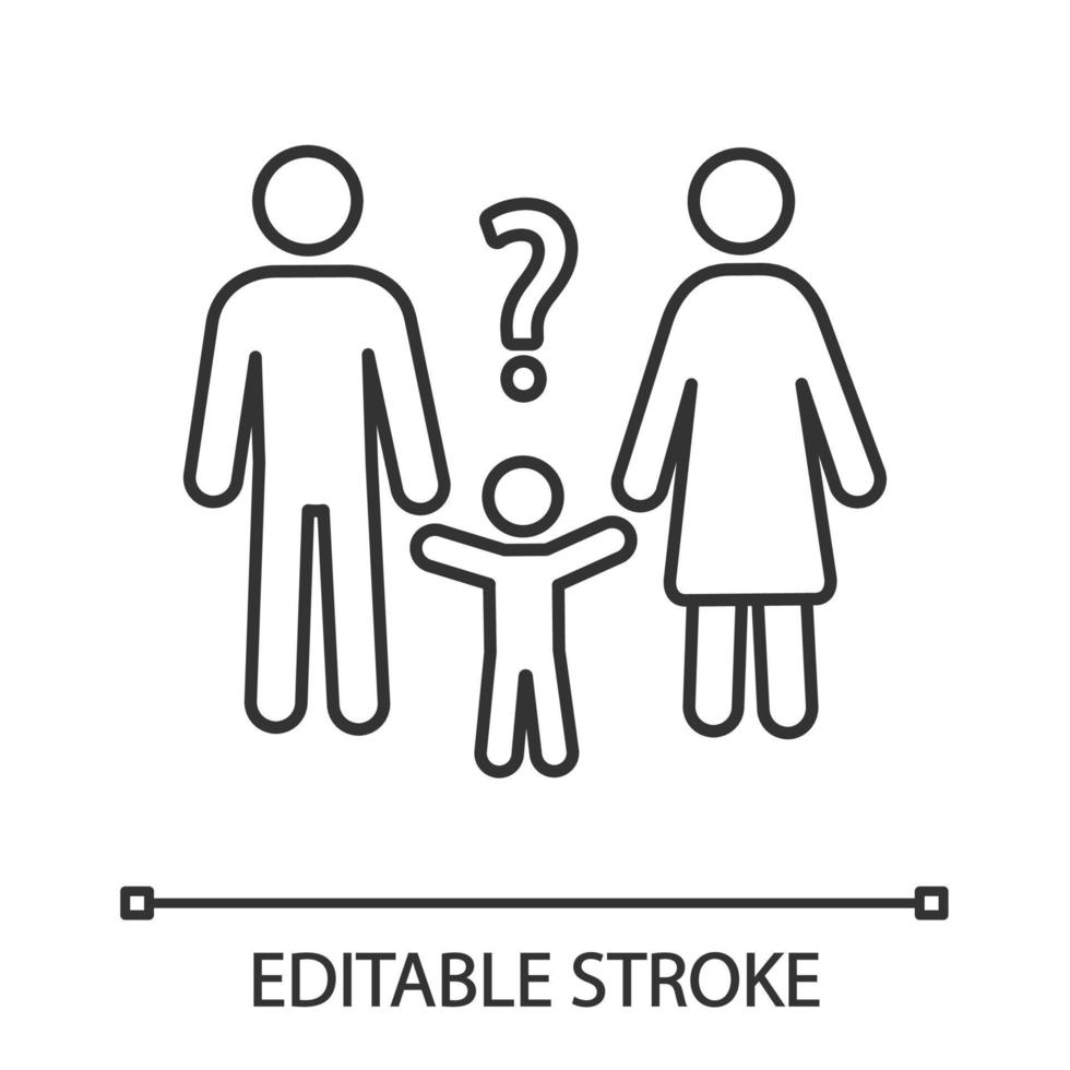 icône linéaire d'évaluation de la garde des enfants. illustration de la ligne mince. les parents résolvent les problèmes. famille confuse. enfant demandant pourquoi. symbole de contour. dessin de contour isolé de vecteur. trait modifiable vecteur