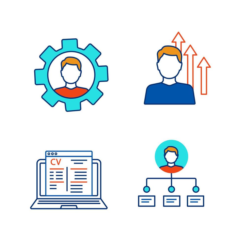 reprendre le jeu d'icônes de couleur. compétences professionnelles, croissance personnelle, demande d'emploi en ligne, capacités. illustrations vectorielles isolées vecteur