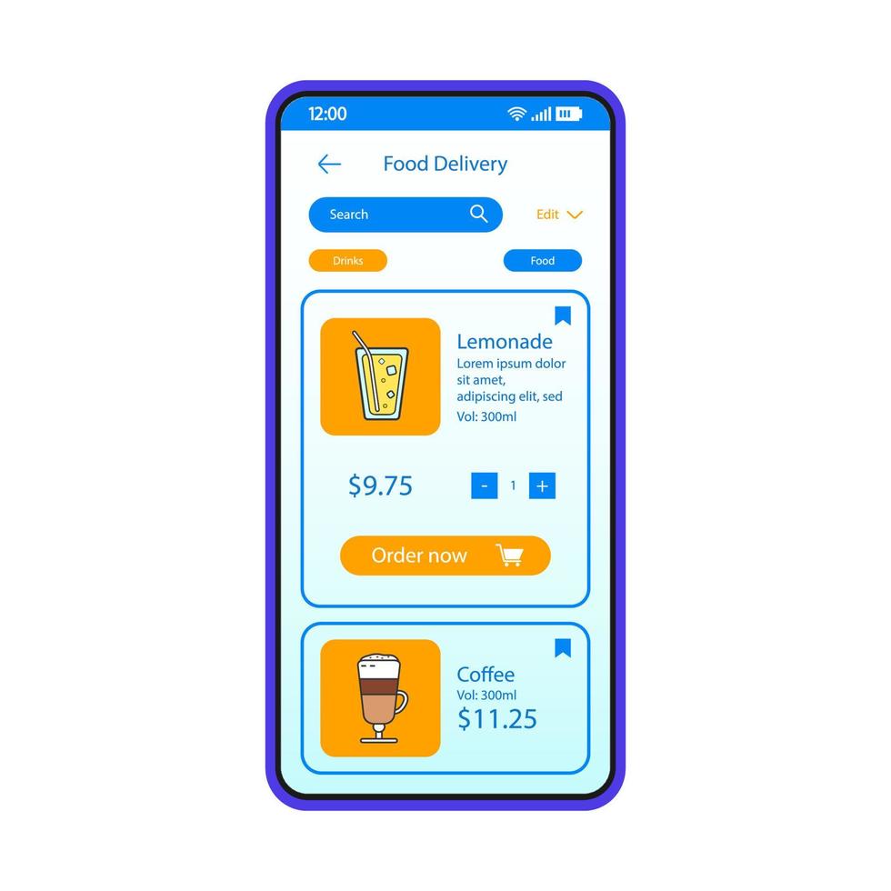 modèle vectoriel d'interface de smartphone de livraison de nourriture. disposition de conception bleue de la page de l'application mobile. écran de commande de restaurant en ligne. interface utilisateur plate pour l'application. écran du téléphone avec carte des boissons