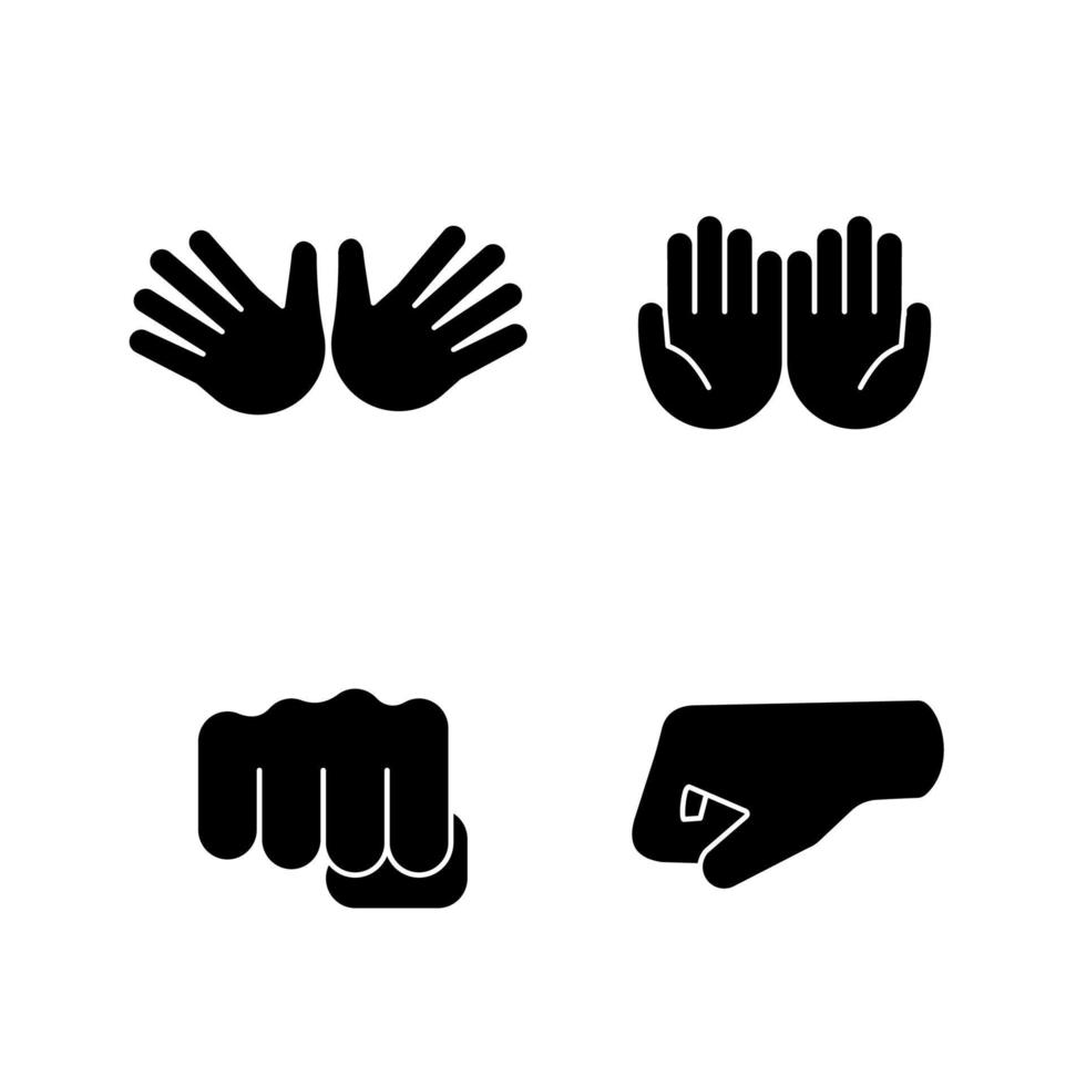 Ensemble d'icônes de glyphe emojis geste de la main. jazz, étreinte, mendicité, gestes, coups de poing. paumes en coupe et ouvertes. symboles de silhouette. illustration vectorielle isolée vecteur