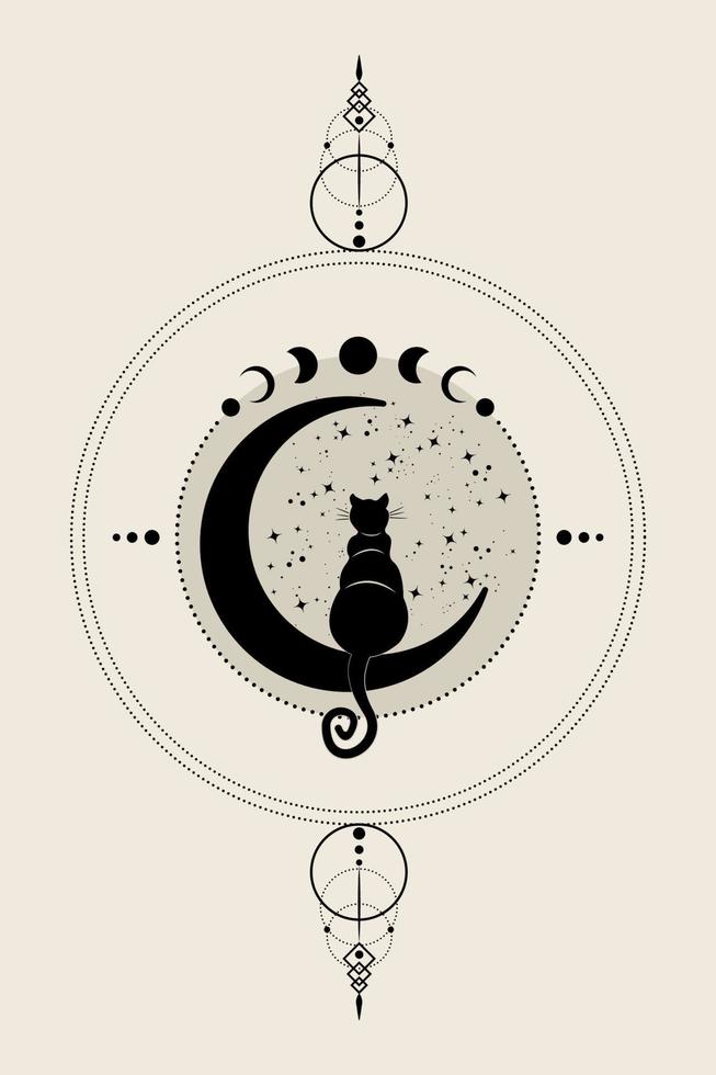 chat noir mystique assis sur le croissant de lune, regarde les étoiles. roue des phases de lune. symbole wicca logo, style bohème, icône de tatouage. illustration vectorielle isolée sur fond vintage vecteur