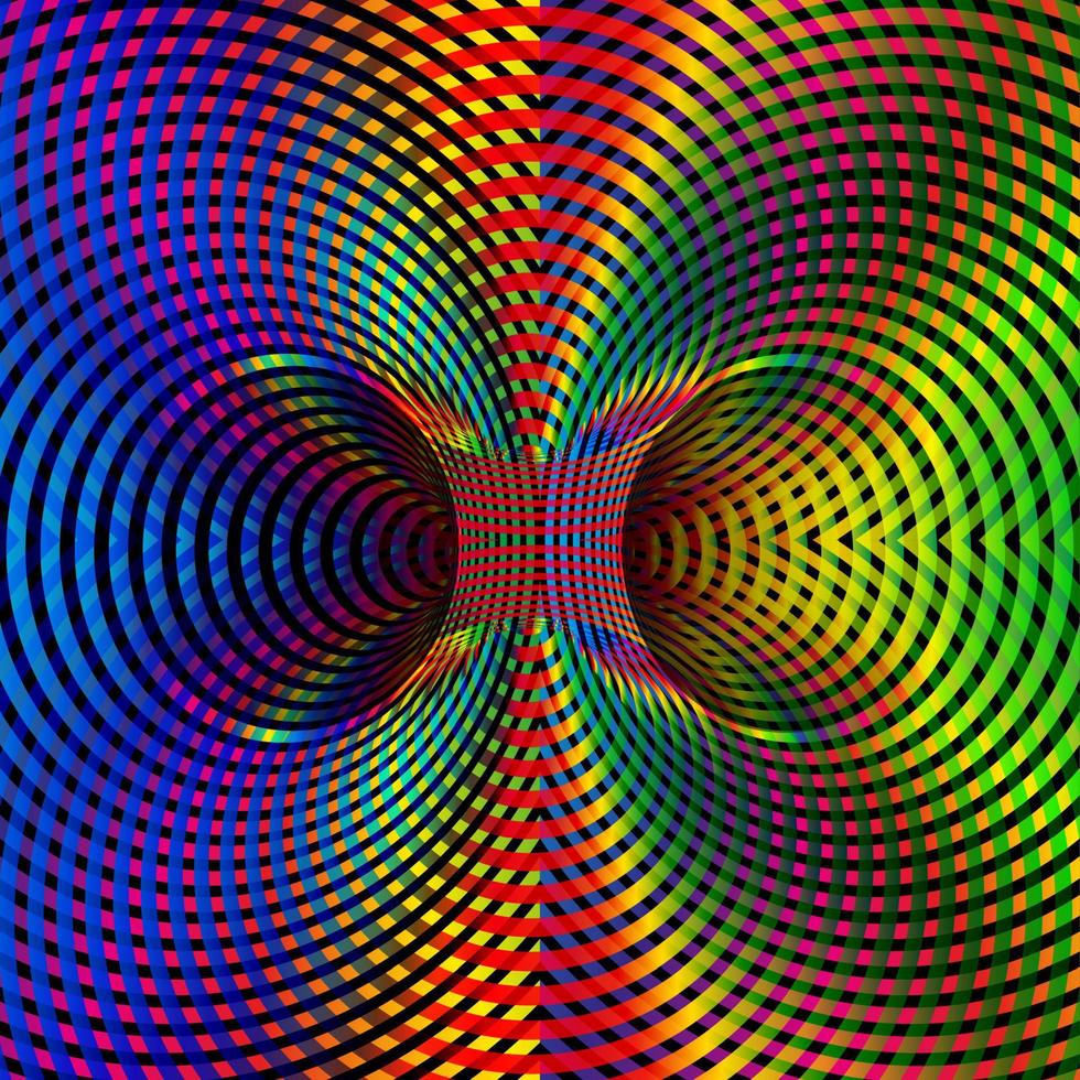 illusion d'optique de trou de ver irisé, gradient de spectre coloré à double trou de ver, espace de tunnel psychédélique hypnotique abstrait. illusion vectorielle tordue multicolore fond d'art optique 3d vecteur