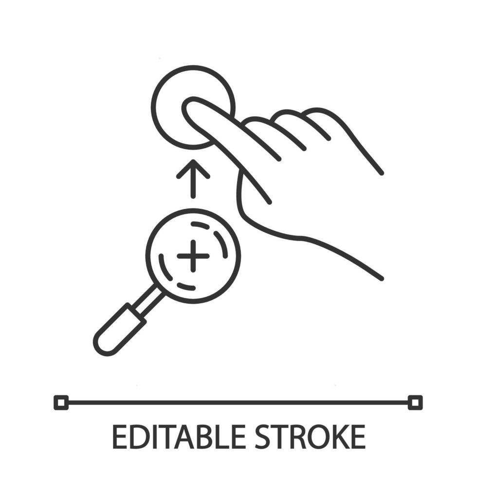 zoomer sur l'icône linéaire de geste vertical. gestes de l'écran tactile. main et doigts humains. à l'aide d'appareils sensoriels. illustration de la ligne mince. symbole de contour. dessin de contour isolé de vecteur. trait modifiable vecteur