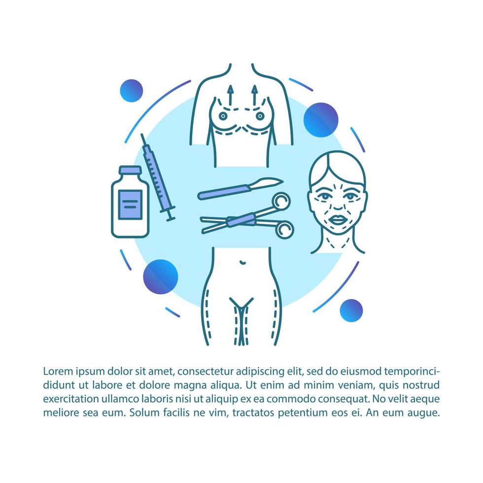 modèle de vecteur de page d'article de levage. intervention chirurgicale esthétique. brochure, magazine, élément de conception de livret avec icônes linéaires et zones de texte. design d'impression. illustrations de concept avec espace de texte
