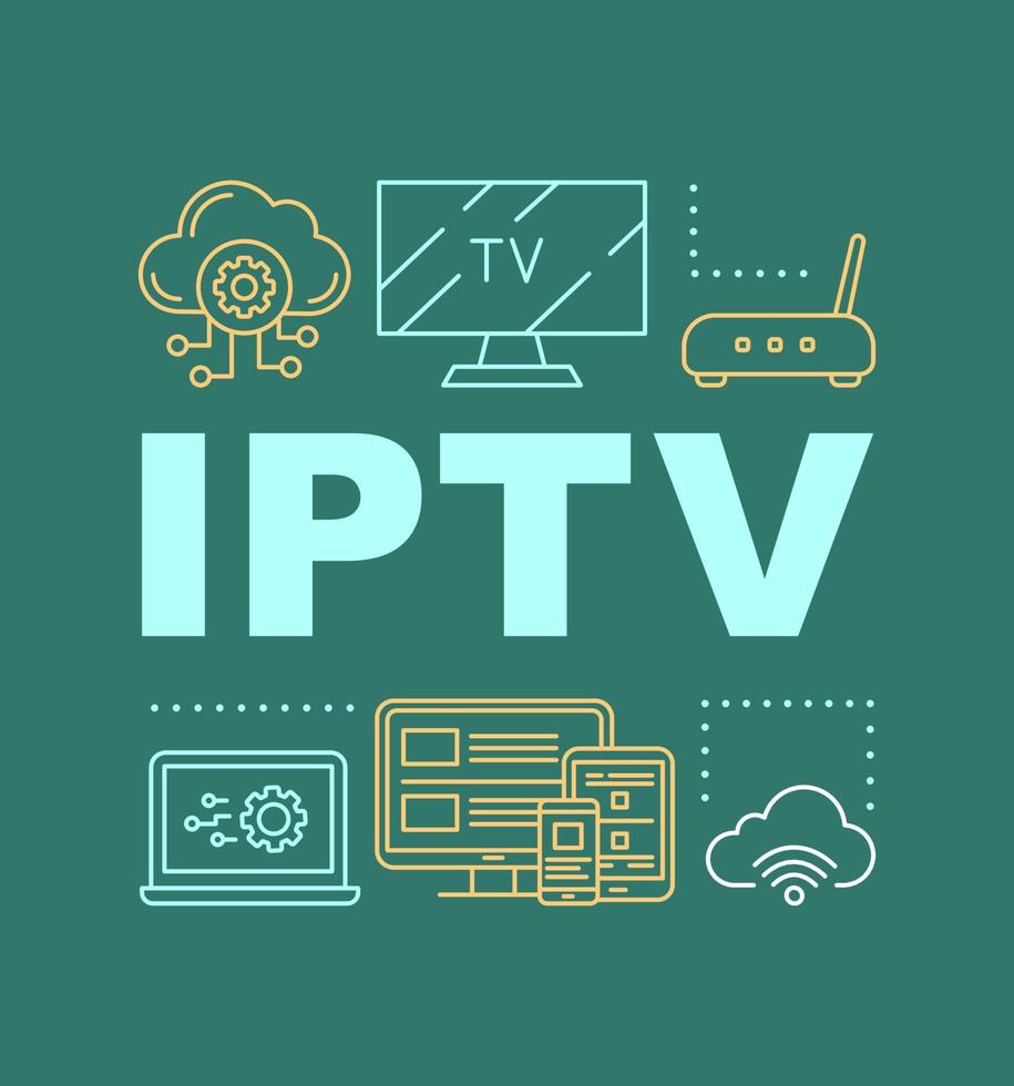 bannière de concepts de mot de pin iptv. présentation, site web. tv box, protocole internet tv, suivi multimédia. idée de typographie de lettrage isolé avec des icônes linéaires. illustration de contour de vecteur