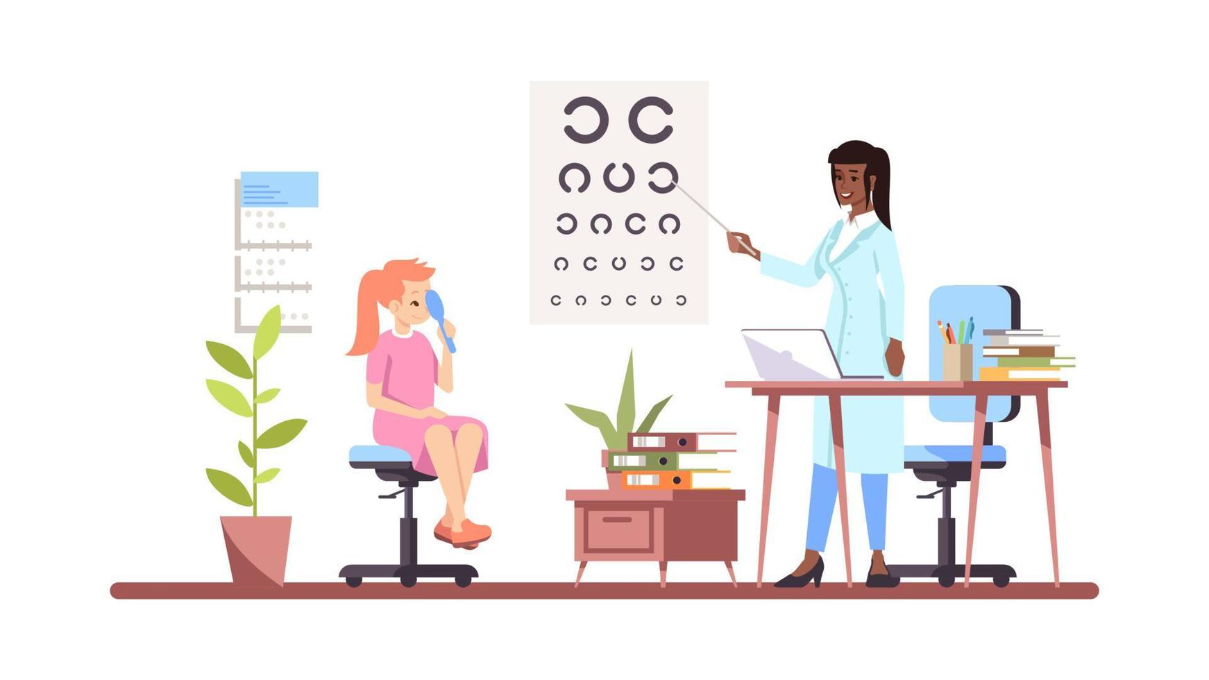 ophtalmologiste examinant l'illustration vectorielle plane de la vue. médecin professionnel et patients isolés personnages de dessins animés sur fond blanc. oculiste faisant la vision, test de la vue. contrôle médical. santé des yeux vecteur