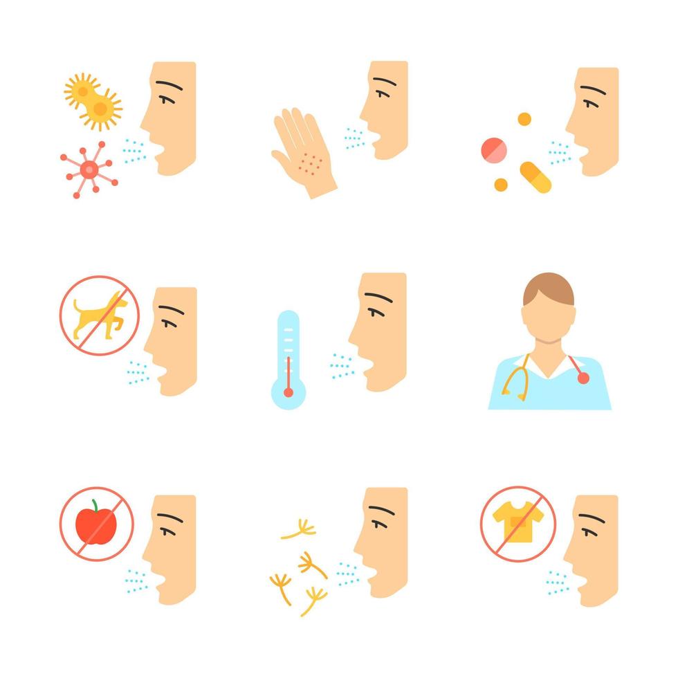 Allergies design plat grandissime couleur icônes définies. contact, nourriture, maladies respiratoires. diagnostic et médication. hypersensibilité du système immunitaire. problème médical. illustrations de silhouettes vectorielles vecteur