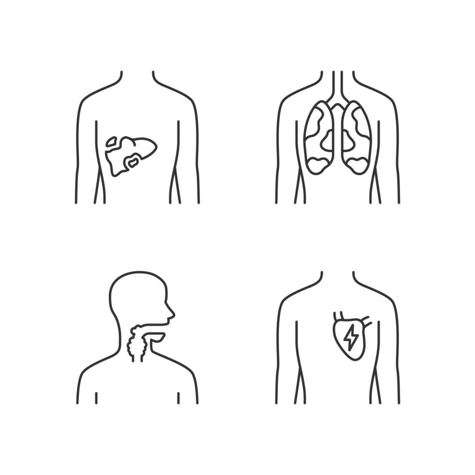 ensemble d'icônes linéaires d'organes humains malades. maux de foie et de poumons. gorge douloureuse. coeur malsain. parties internes du corps malades. symboles de contour de ligne mince. illustrations de contour de vecteur isolé. trait modifiable