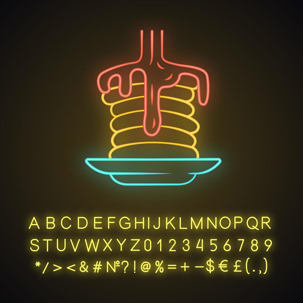 crêpes avec icône de néon au sirop. petit déjeuner américain. dessert maison. pile de crêpes au miel. Le menu du restaurant. signe lumineux avec alphabet, chiffres et symboles. illustration vectorielle isolée vecteur