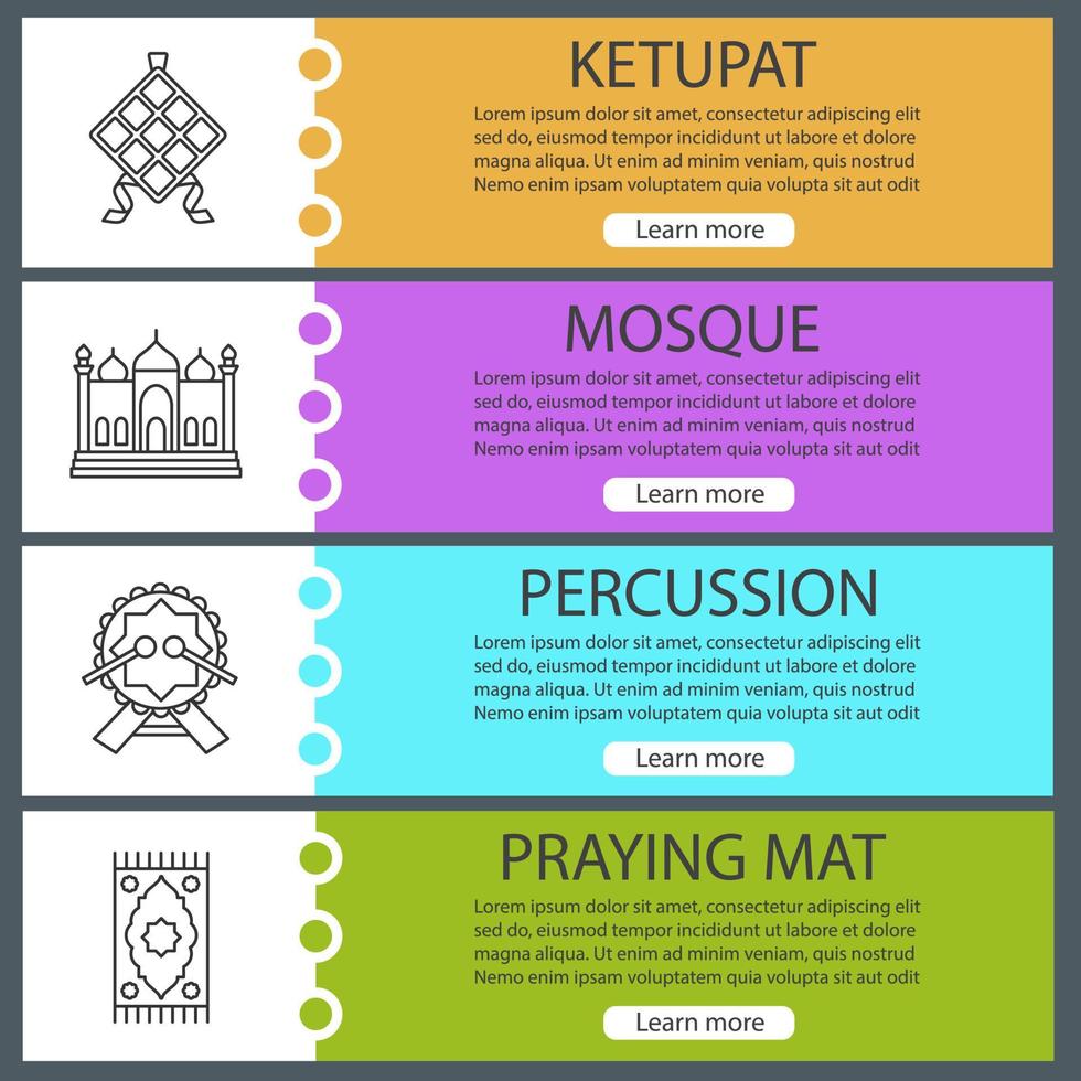 ensemble de modèles de bannière web de culture islamique. ketupat, mosquée, daf, tapis de prière. éléments de menu de site Web avec des icônes linéaires. concepts de conception d'en-têtes de vecteur