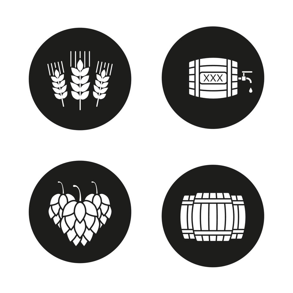 Ensemble d'icônes de glyphe de bière. fûts en bois d'alcool, cônes de houblon, épis de blé, fût de rhum ou de whisky avec robinet, goutte et signe xxx. illustrations vectorielles de silhouettes blanches dans des cercles noirs vecteur