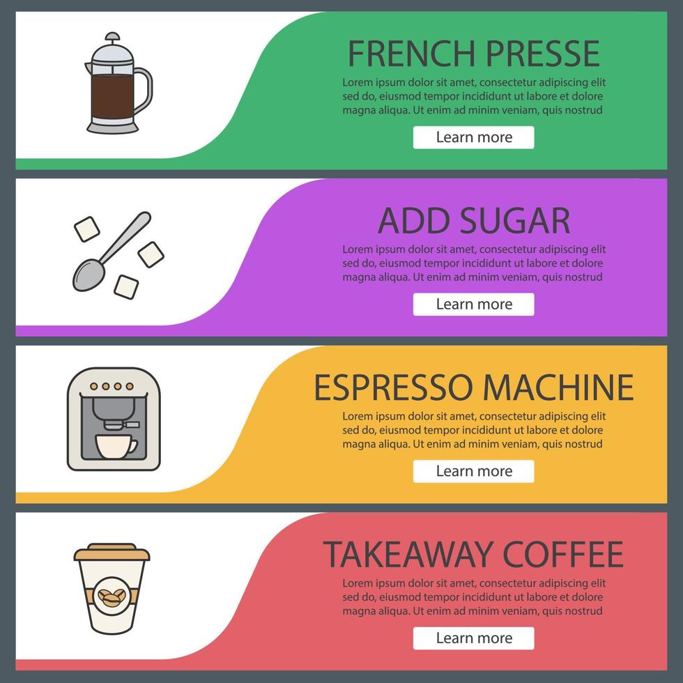 ensemble de modèles de bannière web café. presse française, cuillère à café de morceaux de sucre, machine à expresso, gobelet en papier à emporter. éléments du menu de couleur du site Web. concepts de conception d'en-têtes de vecteur