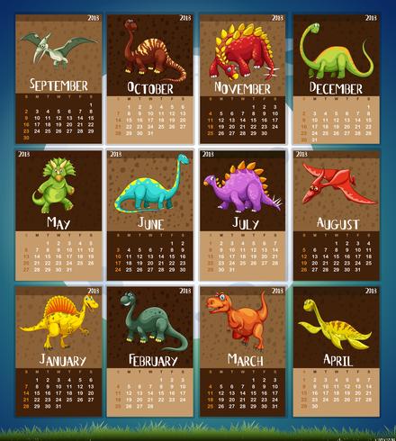 Modèle de calendrier avec 12 dinosaures vecteur