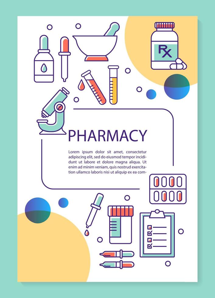 mise en page du modèle d'affiche de l'industrie pharmaceutique. fabrication de drogue. bannière, brochure, conception d'impression de dépliant avec des icônes linéaires. mises en page de brochures vectorielles pour magazines, dépliants publicitaires vecteur