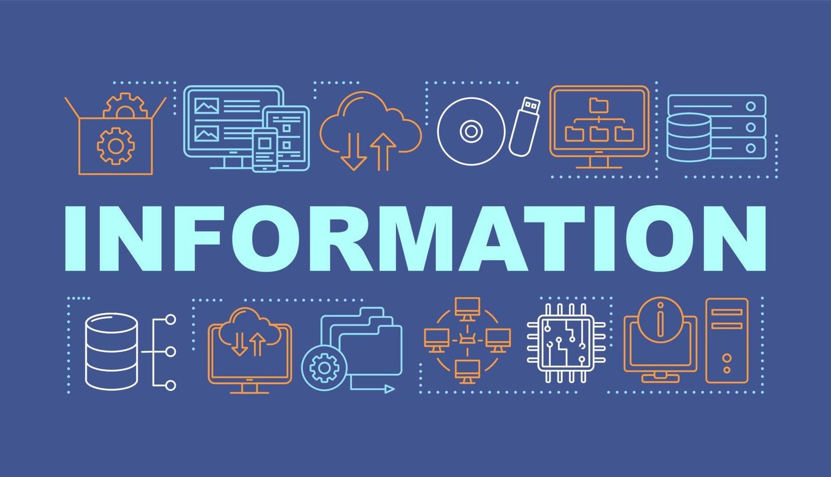 bannière de concepts de mot d'information. gestion de données, hébergement web. serveurs et bases de données. présentation, site web. idée de typographie de lettrage isolé avec des icônes linéaires. illustration de contour de vecteur