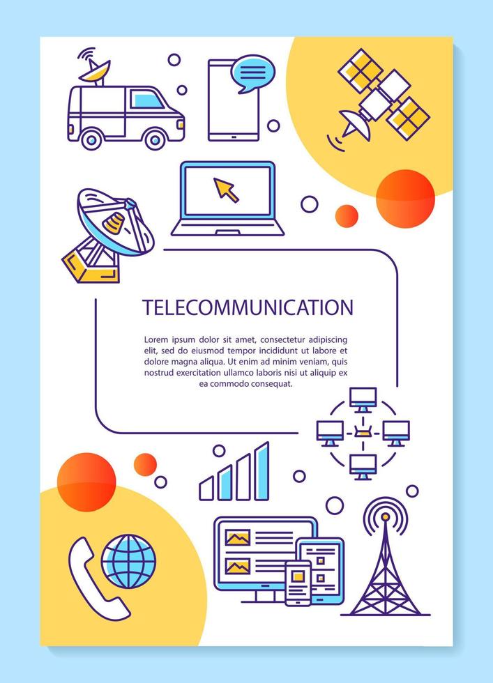 mise en page du modèle d'affiche de l'industrie des télécommunications. diffusion télévisée. bannière, brochure, conception d'impression de dépliant avec des icônes linéaires. mises en page de brochures vectorielles pour magazines, dépliants publicitaires vecteur