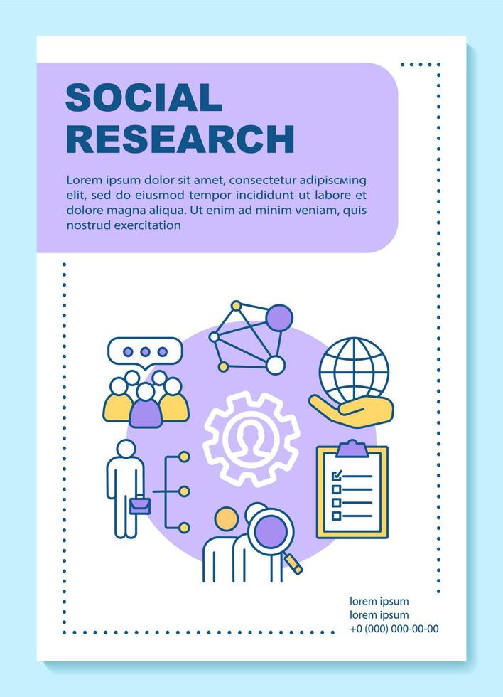 mise en page du modèle d'affiche de recherche sociale. sondage social, sondage. analyse communautaire. bannière, brochure, conception d'impression de dépliant avec des icônes linéaires. mises en page de brochures vectorielles pour magazines, dépliants publicitaires vecteur