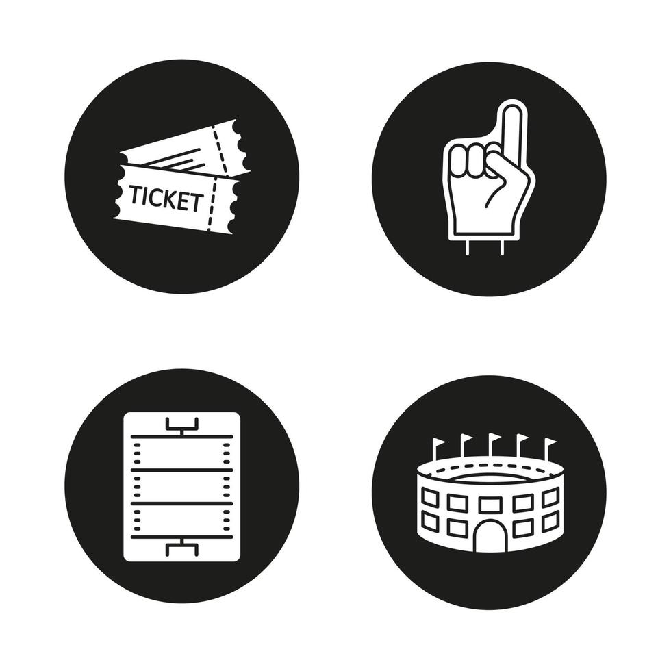 Jeu d'icônes de glyphe de football américain. doigts en mousse pour les fans, billets de match, arène de baseball, plan de terrain. illustrations vectorielles de silhouettes blanches dans des cercles noirs vecteur