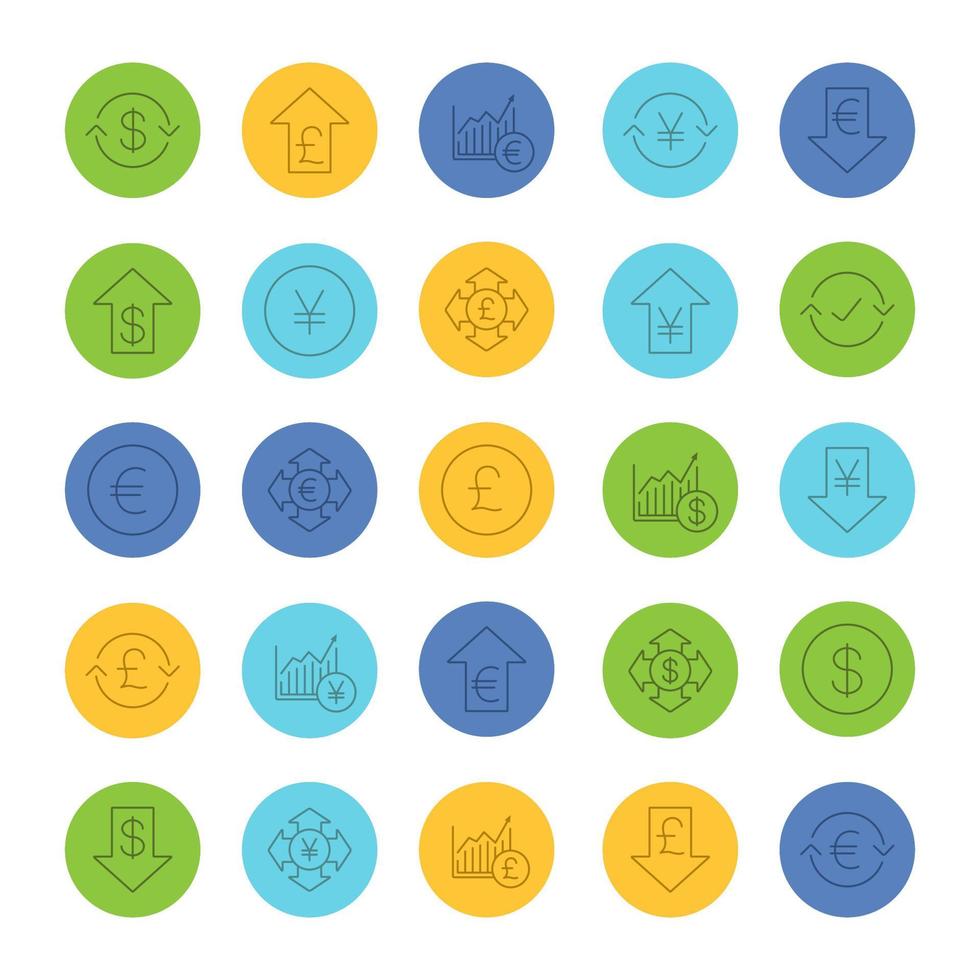 ensemble d'icônes linéaires de l'économie. bancaire et financier. monnaies nationales en baisse et en hausse. dépenses d'argent. courbes de croissance du marché. symboles de contour de ligne mince sur des cercles de couleur. illustrations vectorielles vecteur